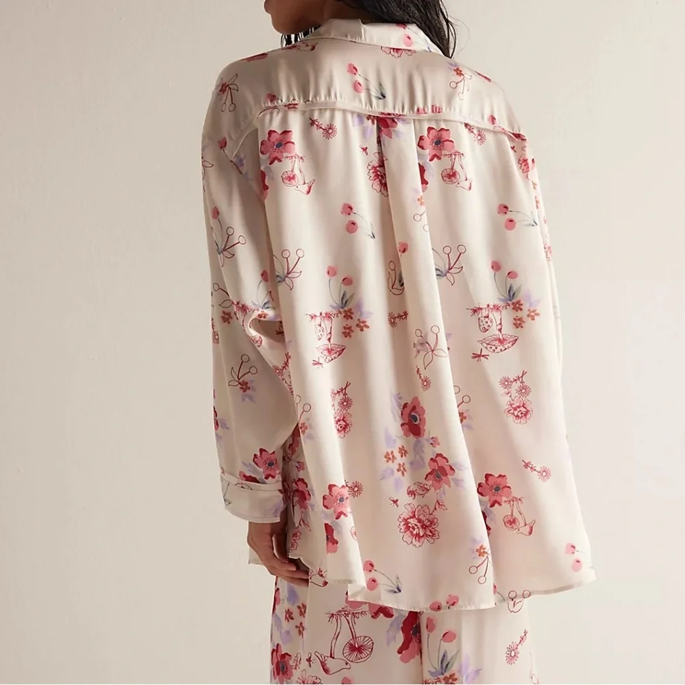 Free People Intimately Floral Pajama Top - Cream and Pink. Size XS